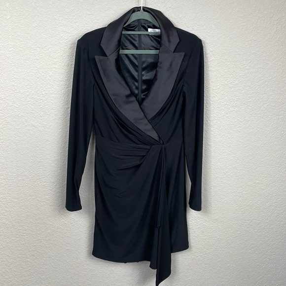 New Ieena Mac Duggal Jersey and Satin Wrap Mini Dress Black Blazer Suiting Sz 2 - Picture 3 of 13